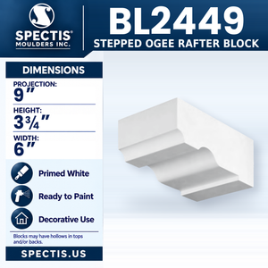 BL2449 Stepped Ogee Rafter Block, Spectis polyurethane block, 9 in projection x 3 3/4 in high x 6 in wide