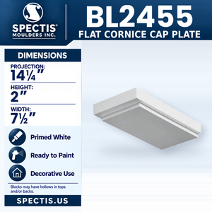 BL2455 Flat Cornice Cap Plate, Spectis polyurethane plate, 14 1/4 in projection x 2 in high x 7 1/2 in wide