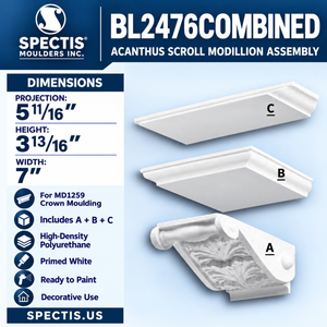 Spectis BL2476COMBINED Combined Acanthus Scroll Modillion, 7 inches wide x 3 13/16 inches high x 5 11/16 inches projection, components A, B and C for MD1259 crown moulding. High-density polyurethane.