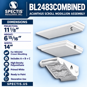 Spectis BL2483COMBINED Combined Acanthus Scroll Modillion, 14 inches wide x 6 15/16 inches high x 11 1/8 inches projection, components A, B and C for MD1242 crown moulding. High-density polyurethane.