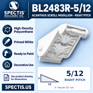 Spectis BL2483R-5/12 Acanthus Scroll Modillion - Right Pitch, mirrored 5/12 pitch triangle showing 5-inch rise per 12-inch run. Primed high-density polyurethane for decorative use.