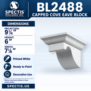 BL2488 Capped Cove Eave Block, Spectis polyurethane block, 9 1/4 in projection x 6 in high x 7 1/8 in wide