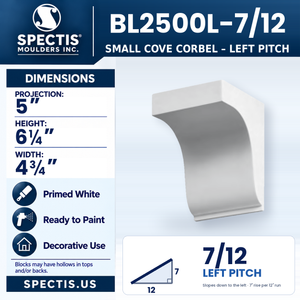BL2500L-7/12 Small Cove Corbel, left 7/12 pitch, Spectis polyurethane corbel, 5 in projection x 6 1/4 in high x 4 3/4 in wide