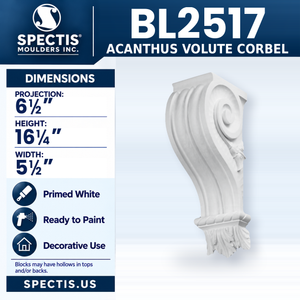 BL2517 Acanthus Volute Corbel, Spectis polyurethane corbel, 6 1/2 in projection x 16 1/4 in high x 5 1/2 in wide