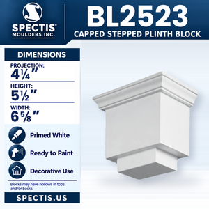 BL2523 Capped Stepped Plinth Block, Spectis polyurethane block, 4 1/4 in projection x 5 1/2 in high x 6 5/8 in wide