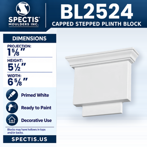 BL2524 Capped Stepped Plinth Block, Spectis polyurethane block, 1 5/8 in projection x 5 1/2 in high x 6 5/8 in wide