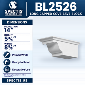BL2526 Long Capped Cove Eave Block, Spectis polyurethane block, 14 in projection x 5 3/4 in high x 8 5/8 in wide