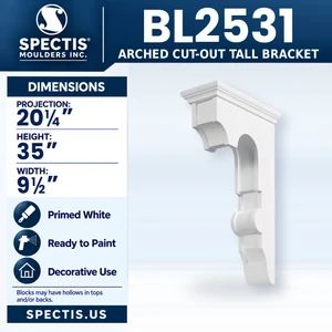 BL2531 Arched Cut-Out Tall Bracket, Spectis polyurethane bracket, 20 1/4 in projection x 35 in high x 9 1/2 in wide