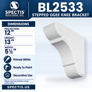 BL2533 Stepped Ogee Knee Bracket, Spectis polyurethane bracket, 12 in projection x 13 in high x 5 1/2 in wide