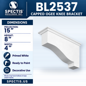 BL2537 Capped Ogee Knee Bracket, Spectis polyurethane bracket, 15 in projection x 8 in high x 4 in wide