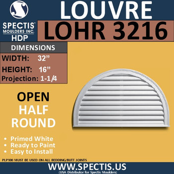 LOHR3216 Half Round Gable Louver Vent - Open - 32 x 16
