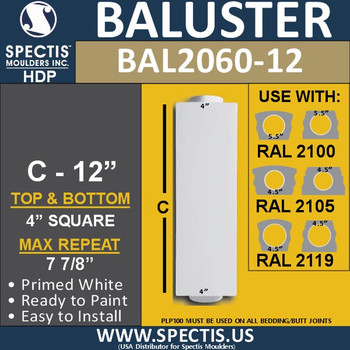 BAL2060-12 Spectis Urethane Block Railing Baluster 4" x 12"