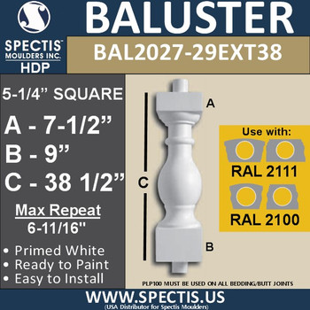 BAL2027-29EXT38 Urethane Extended Baluster 5 1/4"W X 38"H