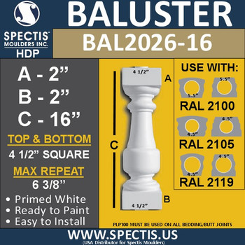 BAL2026-16 Urethane Baluster or Spindle 4 1/2"W X 16"H