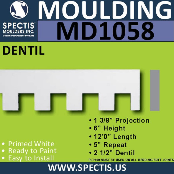 MD1058 Spectis Molding Dentil Trim 1 3/8"P x 6"H x 144"L