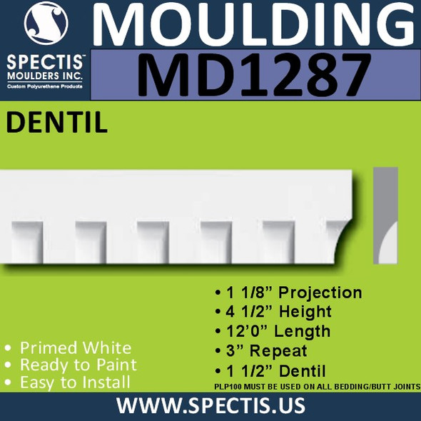 MD1287 Spectis Molding Dentil Trim 1 1/8"P x 4 1/2"H x 144"L