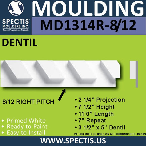 MD1314R-8 1/2 Right Pitch Urethane Dentil 2.25"P x 7.5"H x 132"L