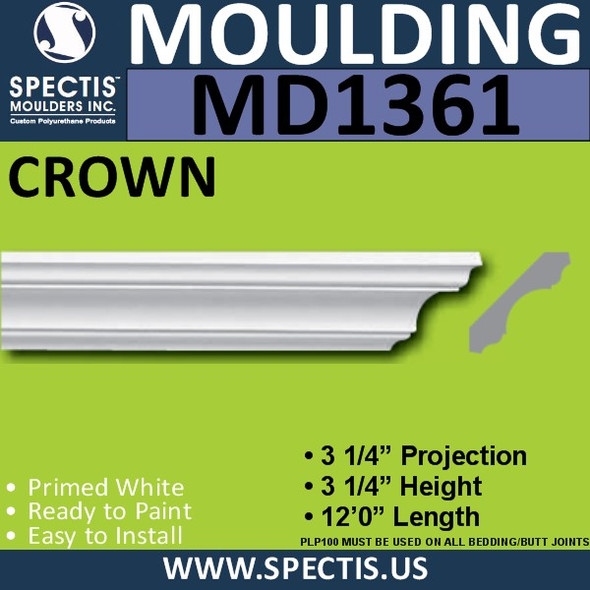 MD1361 Spectis Crown Molding Trim 3 1/4"P x 3 1/4"H x 146"L
