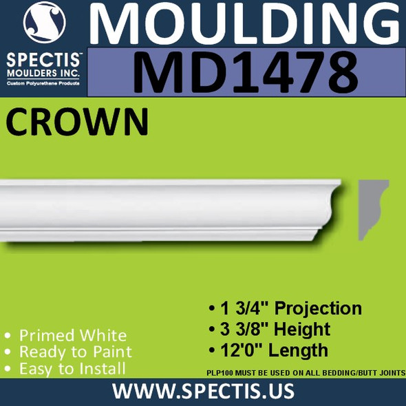 MD1478 Spectis Crown Molding Trim 1 3/4"P x 3 3/8"H x 144"L