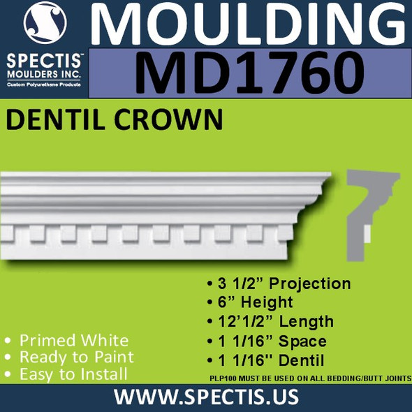 MD1760 Spectis Crown Molding Dentil Trim 3 1/2"P x 6"H x 144.5"L