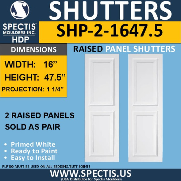 SHP-2 1647.5 Polyurethane Shutters - 2 Raised Panels 16 x 47.5