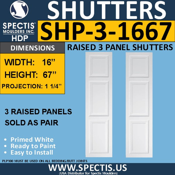 SHP-3 1667 Polyurethane Exterior Shutters - 3 Raised Panels 16 x 67