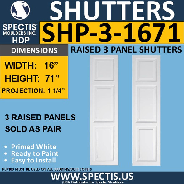 SHP-3 1671 Polyurethane Exterior Shutters - 3 Raised Panels 16 x 71