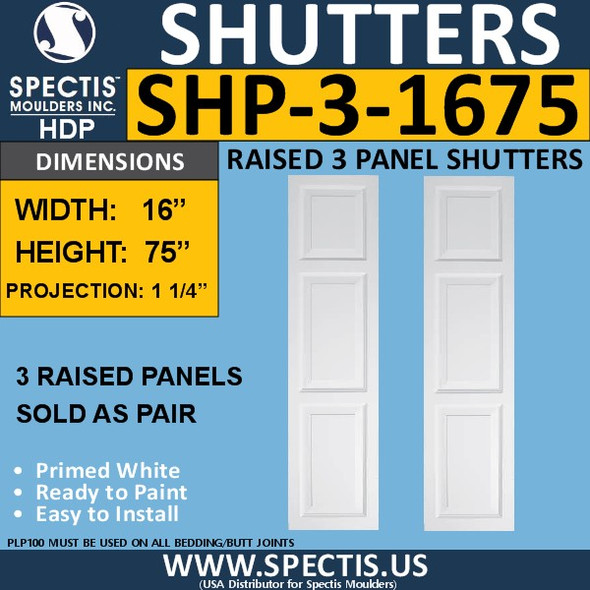 SHP-3 1675 Polyurethane Exterior Shutters - 3 Raised Panels 16 x 75