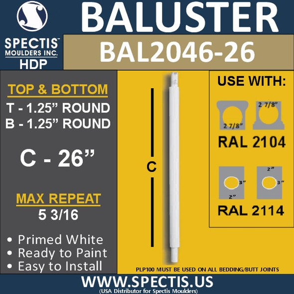 BAL2046-26 Spectis Urethane Round Baluster 1 1/4" x 26"