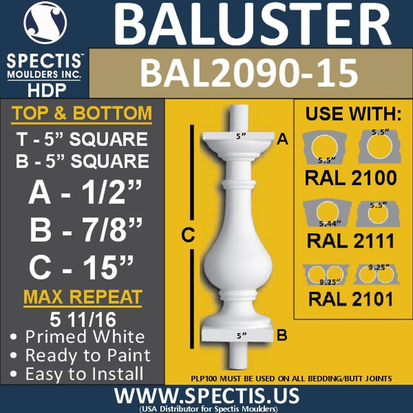 BAL2090-15 Spectis Urethane Railing Baluster 5" x 15"
