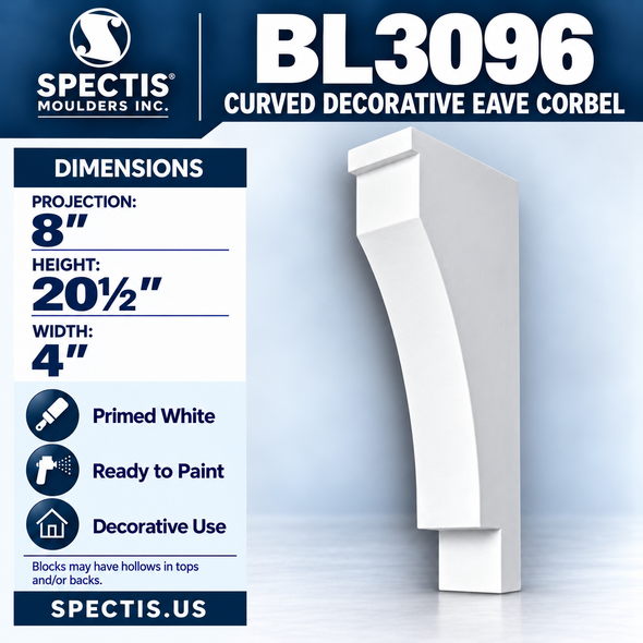 BL3096 Curved Decorative Eave Corbel 4"W x 20.5"H x 8"P