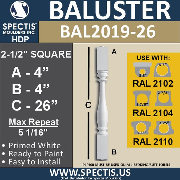 BAL2019-26 Urethane Baluster or Spindle 2 1/2"W X 26"H