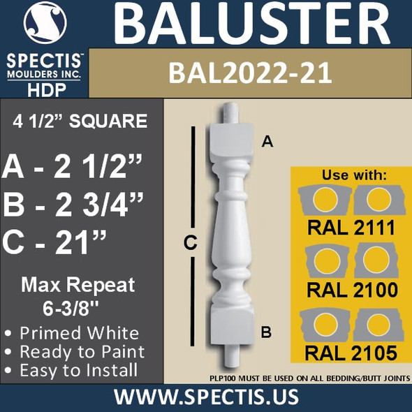 BAL2022-21 Urethane Baluster or Spindle 4 1/2"W X 21"H