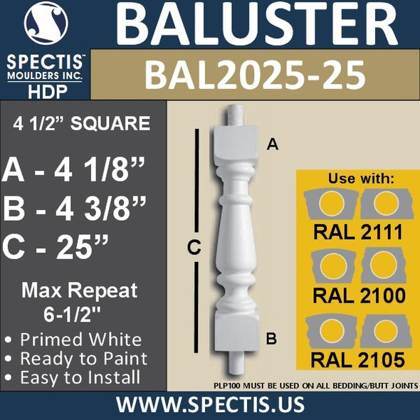BAL2025-25 Urethane Baluster or Spindle 4 1/2"W X 25"H