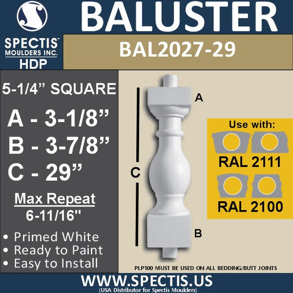 BAL2027-29 Urethane Baluster or Spindle 5 1/4"W X 29"H