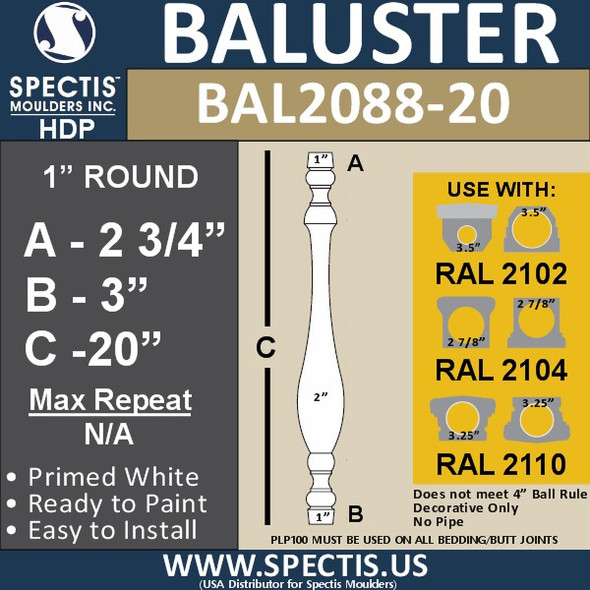 BAL2088-20 Traditional Urethane Railing Baluster 2" x 20"
