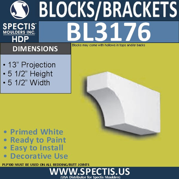 BL3176 Coved Decorative Eave Block – 5½″ W × 5½″ H × 13″ Projection