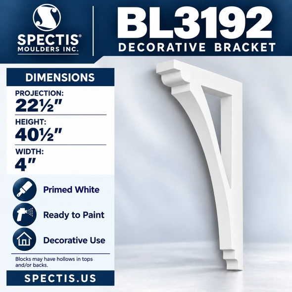 BL3192 Curved Decorative Eave Bracket – 4″ W × 40½″ H × 22½″ Projection