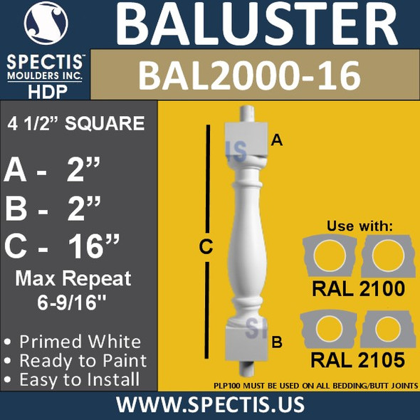 BAL2000-16 Urethane Baluster or spindle  4 1/2"W X 16"H