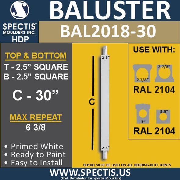 BAL2018-30 Urethane Baluster or Spindle 2 1/2"W X 30"H