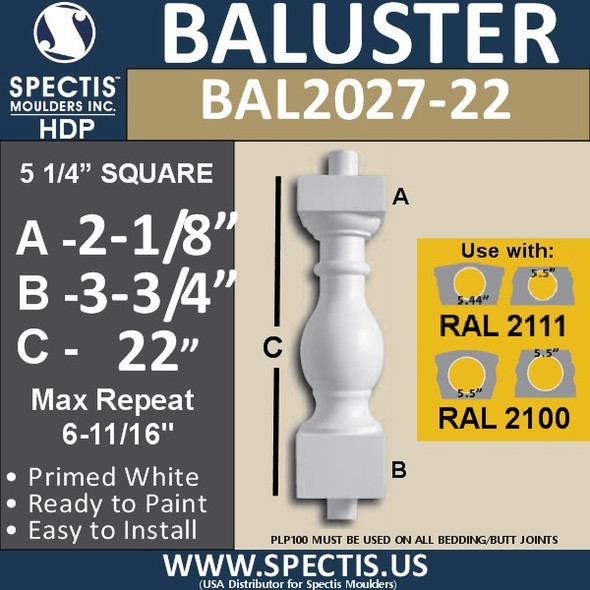 BAL2027-22 Urethane Baluster or Spindle 5 1/4"W X 22"H