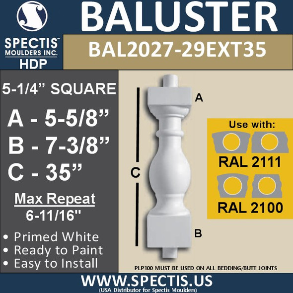 BAL2027-29EXT35 Urethane Extended Baluster 5 1/4"W X 35"H
