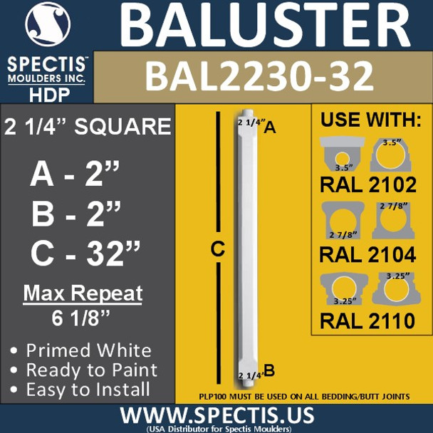BAL2230-32 Traditional Square Railing Baluster 2 1/4" x 32"