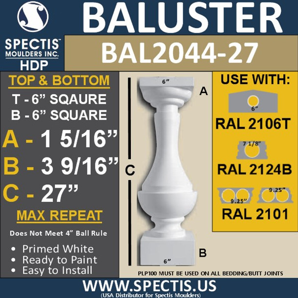 BAL2044-27 Large Urethane Baluster or Spindle 6" x 27"