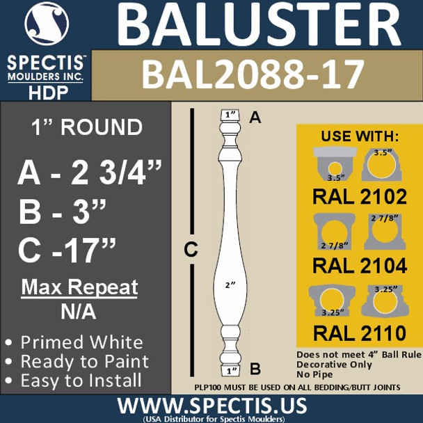 BAL2088-17 Traditional Urethane Railing Baluster 2" x 17"