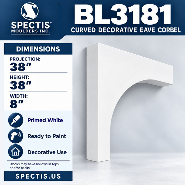 BL3181 Curved Decorative Eave Corbel – 8″ W × 38″ H × 38″ Projection