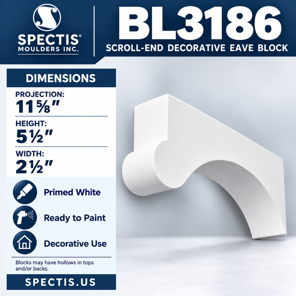 BL3186 Scroll-End Decorative Eave Block – 2½″ W × 5½″ H × 11⅝″ Projection