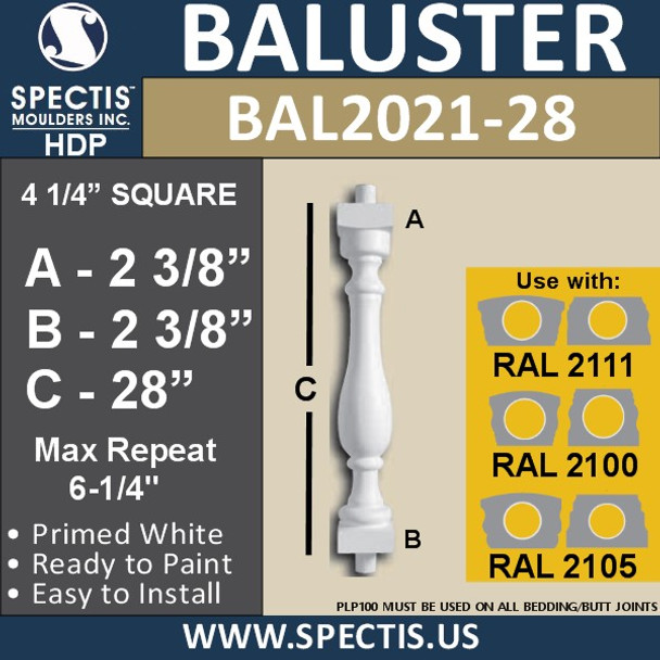 BAL2021-28 Urethane Baluster or Spindle 4 1/4"W X 28"H