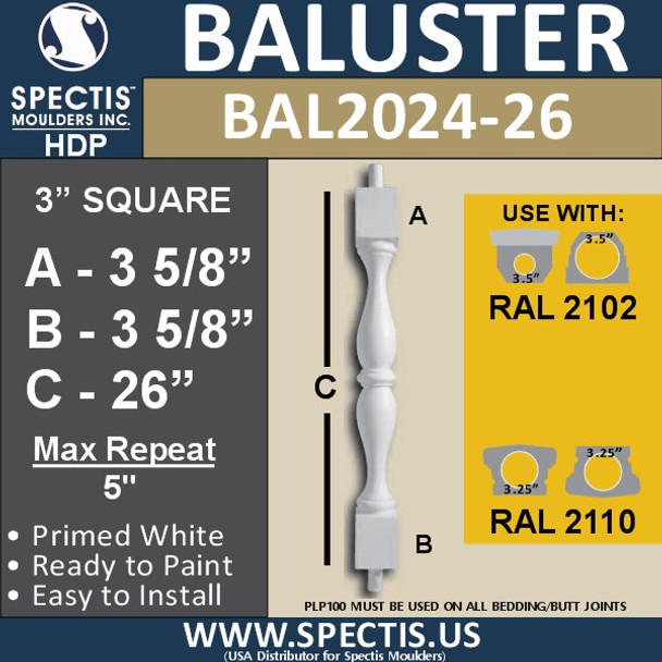 BAL2024-26 Urethane Baluster or Spindle 3"W X 26"H