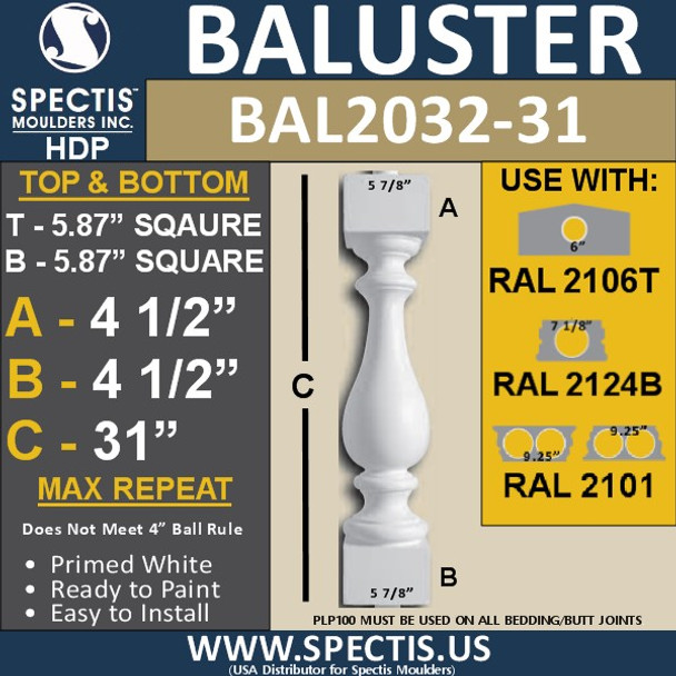 BAL2032-31 Urethane Baluster or Spindle 5 7/8"W X 31"H